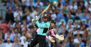 Surrey's Kumar Sangakkara hits the winning runs against Middlesex.